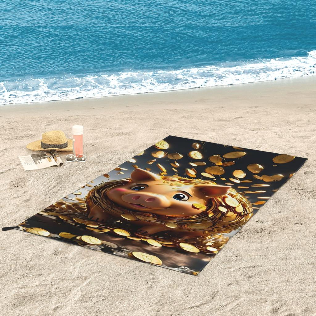 Gold Coins Flying Cute Golden Piggybank Beach Towel Soft Microfiber Quick Dry Absorbent Quick Towels For Pool
