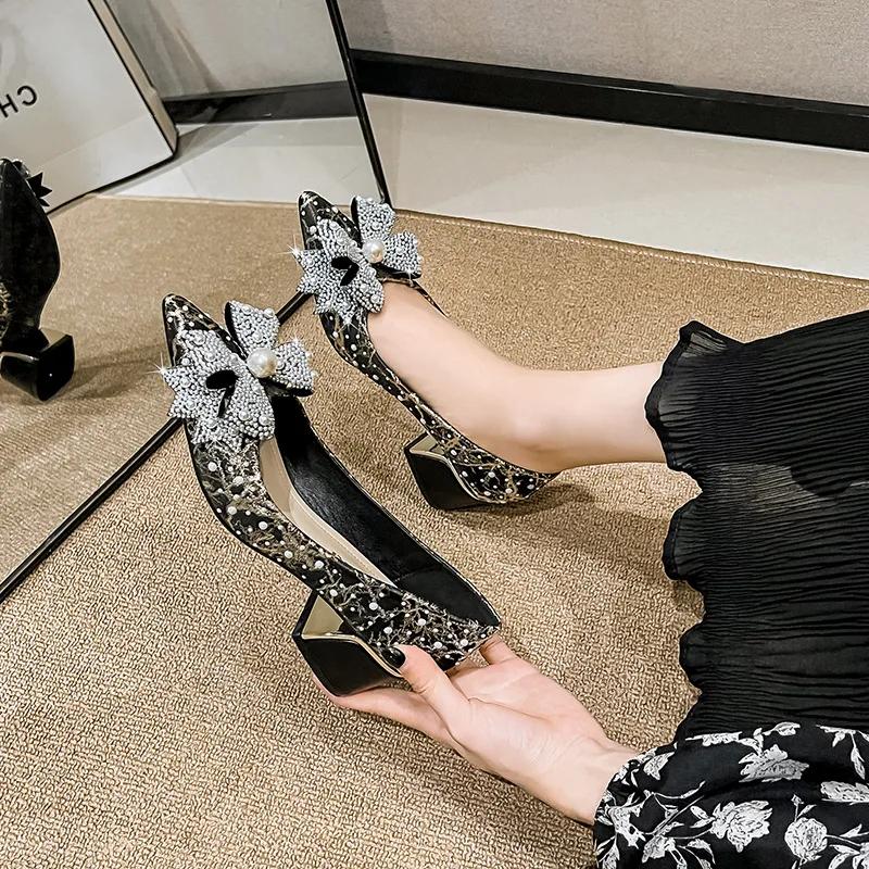 Tacones Altos de Mujer con Pedrería Punta Fina Tacón Grueso Zapatos de una Sola Pieza Zapatos de Fiesta Oficina Boda Talla Grande 35-43 Zapatos de Mujer