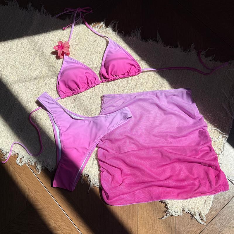 

New Sexy Halter StGradient Skirt Bikini New Female Swimsuit Women Swimwear Three-pieces Bikini Set Bathing Suit S розовый