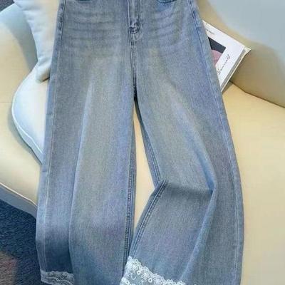 Women's Blue Lace Trim Petite Jeans - Loose Fit Straight Leg - 2026 Spring/Summer Collection