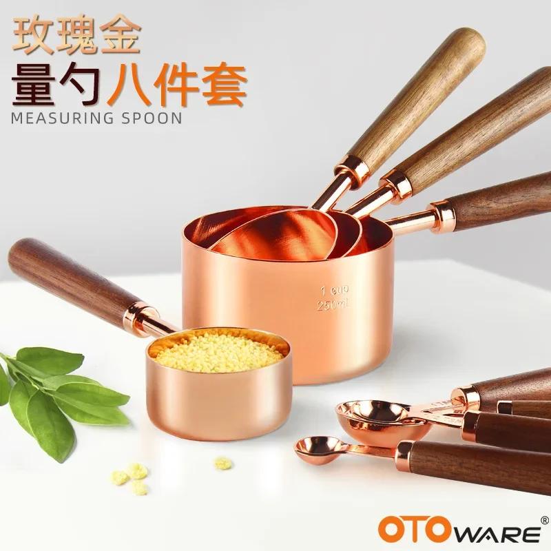 4pcs Kitchen Tools Measuring Spoons Cups Set Wood Handle Stainless Steel Teaspoon Coffee Sugar Scoop Cake Baking Cooking Gadgets