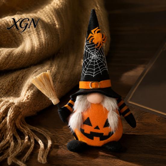 Creepy Gothic Style Ornaments Halloween Plush Gnome Decoration, Spooky Orange Black Spider Web Bat Swedish Faceless Dolls Tomte Elf Figurine,