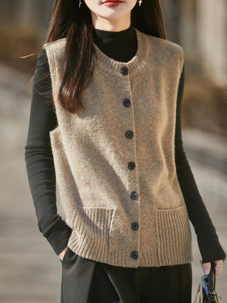 Damen Strickweste aus reiner Wolle - Rundhals-Cardigan mit Taschen für Herbst/Winter zum Schichten