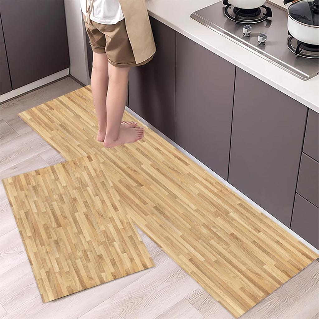 1/2PCS Vintage Wooden Kitchen Floor Mat Comfort Non-Slip Interior Area Foot Mat Home Decor Laundry Balcony Carpet