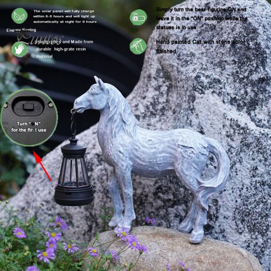 Patio Resin Decoration Solar Garden Horse Figurine Sculpture with Lantern Animal Desktop Retro Statue for Farmhouse Home Indoor Outdoor Decor Yard Art