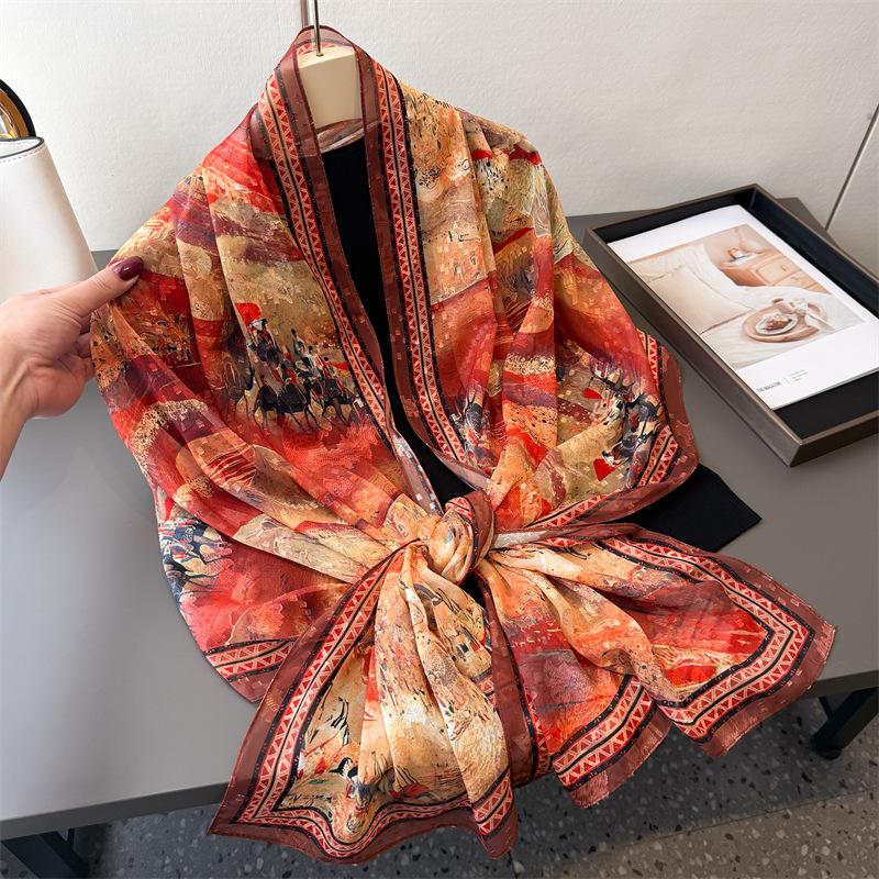 Camel Bell Dream Print Cut Flower Spring And Summer Silk Scarf Large Long Scarf High Sense Travel Shawl Sun Protection Women'S Scarf Headscarf