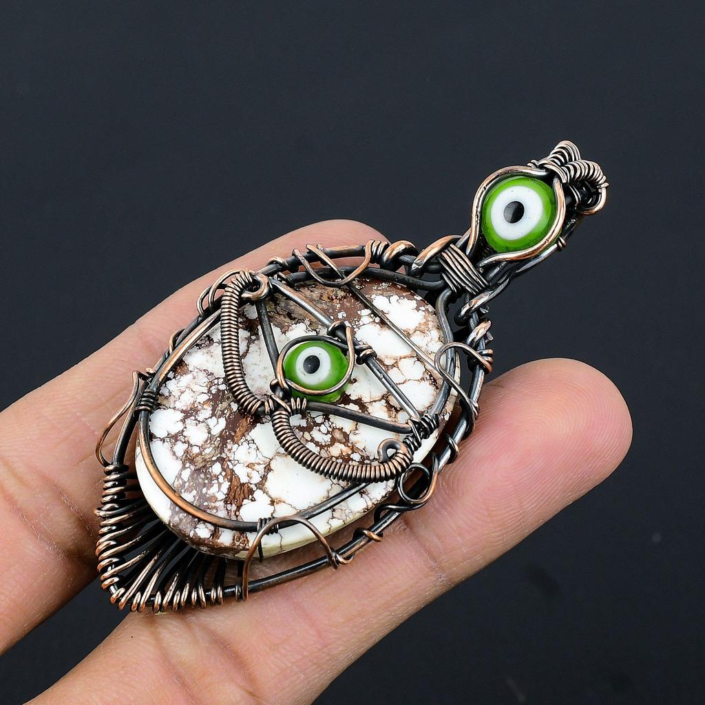Wild Horse & Green Evil Eye Pendant Gemstone Jewelry, 999 Copper Wire Wrapped Handmade Pendant, Latest Design Jewelry