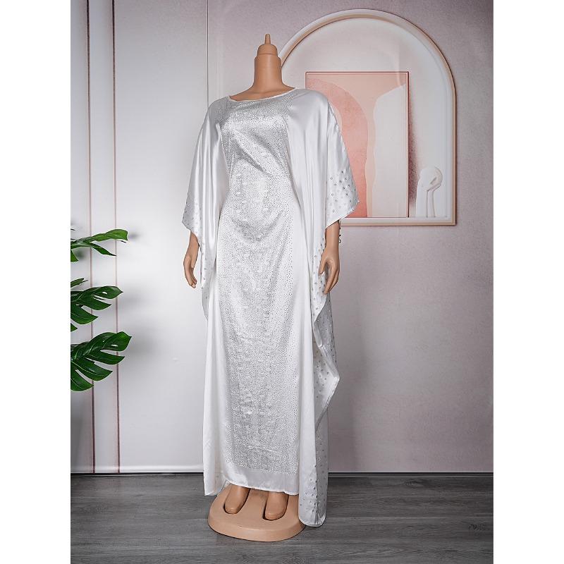 Plus Size Adjustable Belt Dresses Women's Drill Silk Satin Bat Sleeve Long Dress