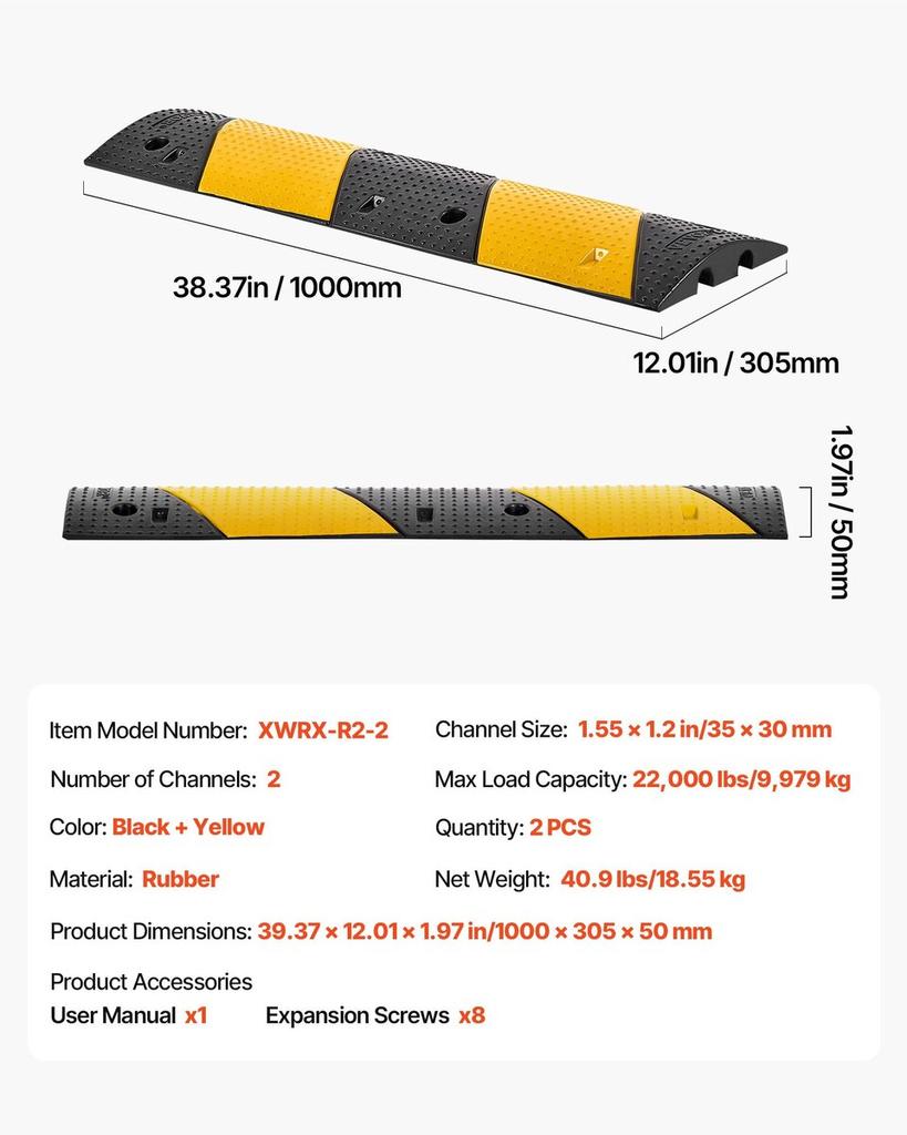 1000MM Rubber Speed Bump, 2 Pack, 2 Channel Heavy Duty Traffic Speed Hump, 9,979 kg/Axle Load Capacity, Cable Protector Ramp with Expansion Screws,