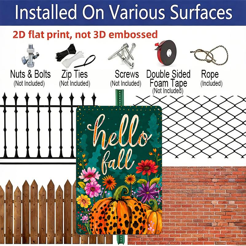 2D Flat Hello Fall Leopard Print Pumpkin Floral Metal Sign - 8.0x12.0inch Aluminum Wall Art, Colorful Autumn Farmhouse Front Porch Decor - Easy