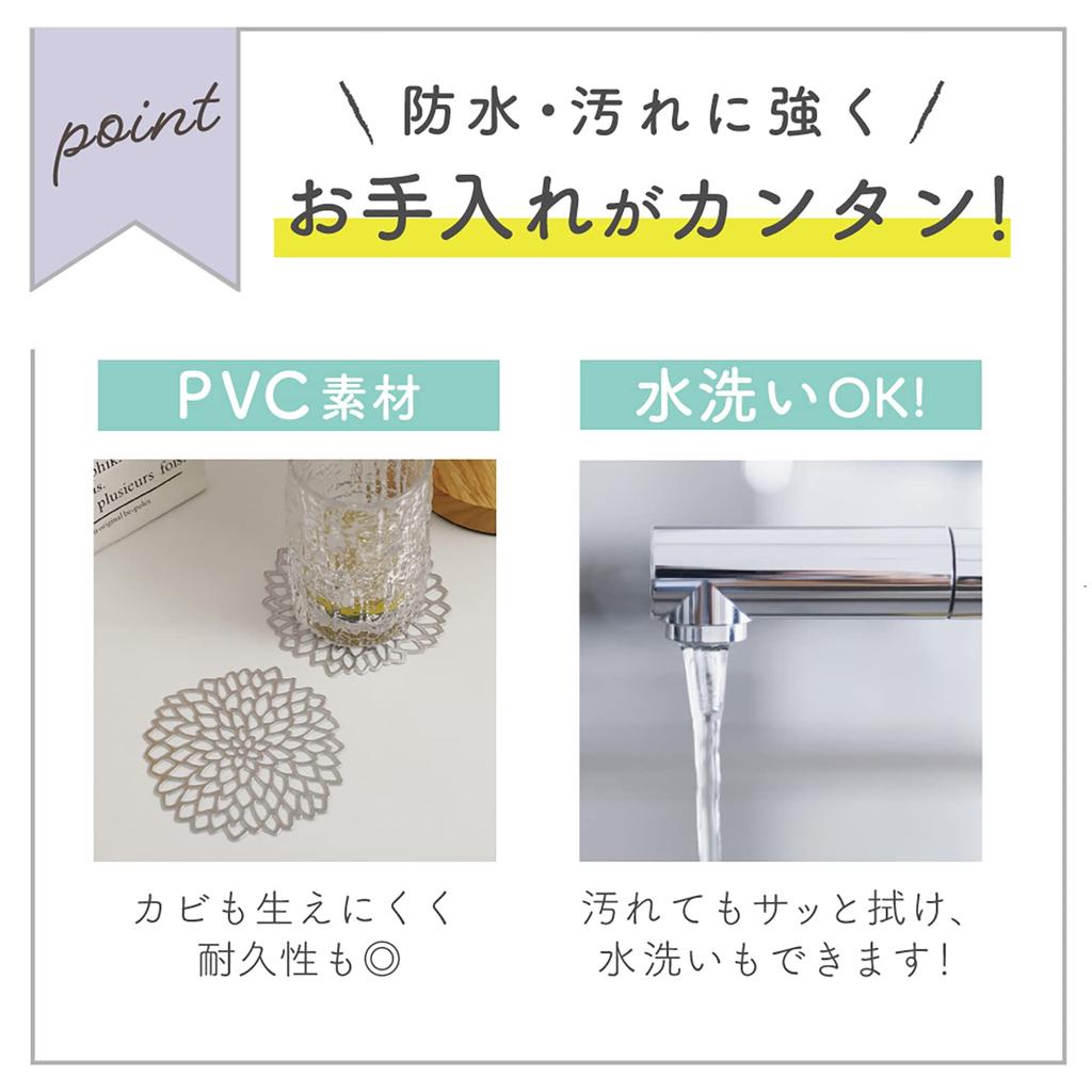 [GJTr] Set of 6 Coasters, Cup Holders, Glass Mat, PVC, Dahlia (Silver)