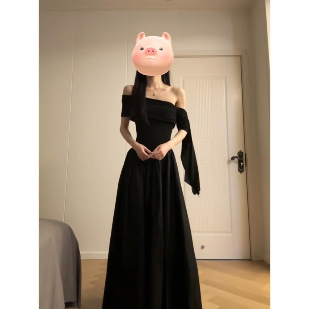 French Hepburn style black one-word shoulder dress women's summer tall temperament thin long dress to ankle super long