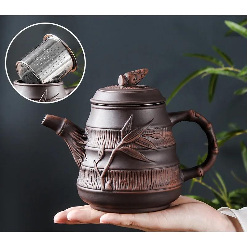Tetera de arena púrpura Yixing, tetera de bambú de primavera de gran capacidad con filtro de acero inoxidable, tetera de barro rojo, juego de té grande de kung fu