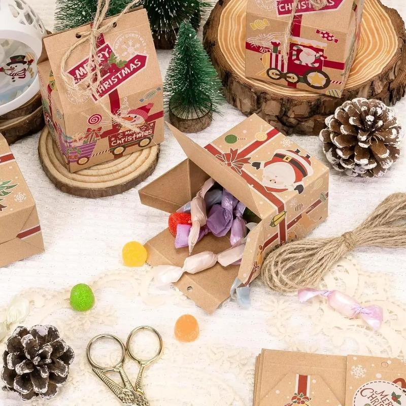 30/1PCS Christmas Kraft Paper Gift Bags Candy Cookie Snack Packaging Box Xmas New Year Party Home Decoration Wrapping Supplies