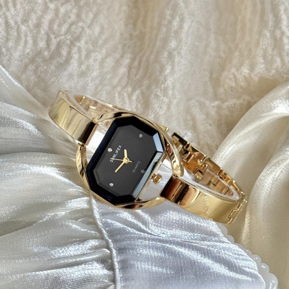 Minimalist Octagonal Rhinestone Dial Ladies Quartz Watch Thin Metal Bangle Elegant Daily Wrist Watch