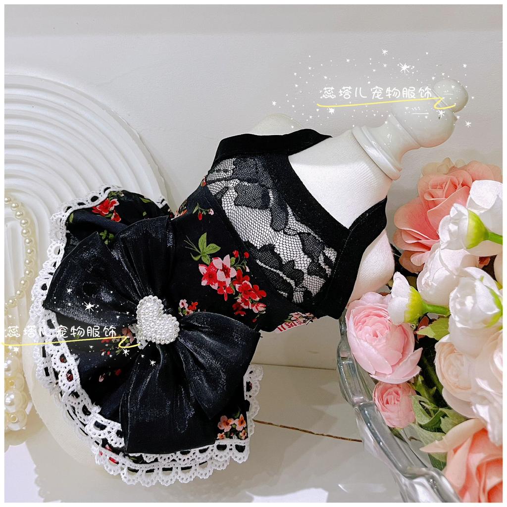 Lovely Puppy Dog Clothing Retro Chic Red Floral Print Lace Bow Black Princess Dress For Small Medium Dog Poodle Pet Dog Clothes
