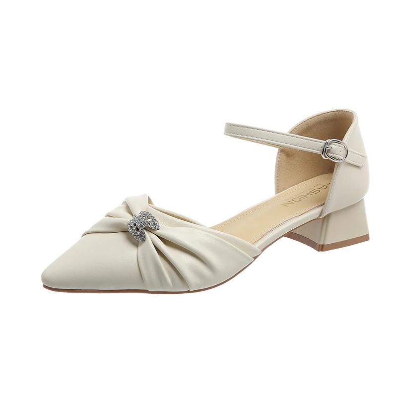 Baotou Thick Heel Sandals Spring New Pointed Head Shallow Mouth Crystal Buckle Butterfly Knot Line with Low Heel Shoes