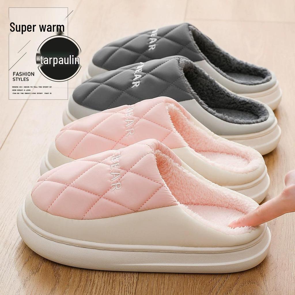 Dirt-Resistant Waterproof Cotton Slippers for Women, Simple Grid Pattern, Non-Slip, Durable, Indoor Warmth, Essential Home Footwear