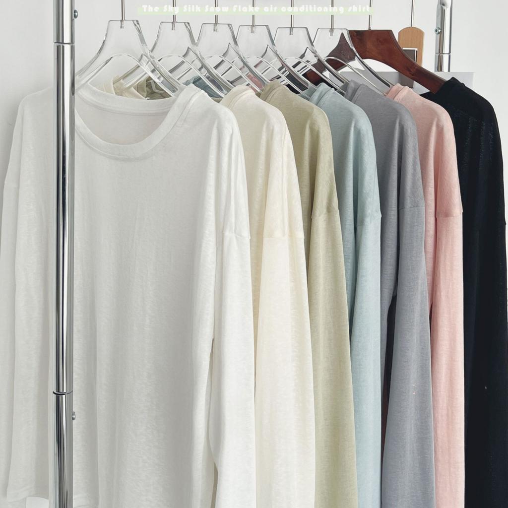 Summer Women's Loose Long Sleeve Blouse Bottom Shirt Thin Round Neck Sun Shirt Pullover Air Conditioner Hoodie