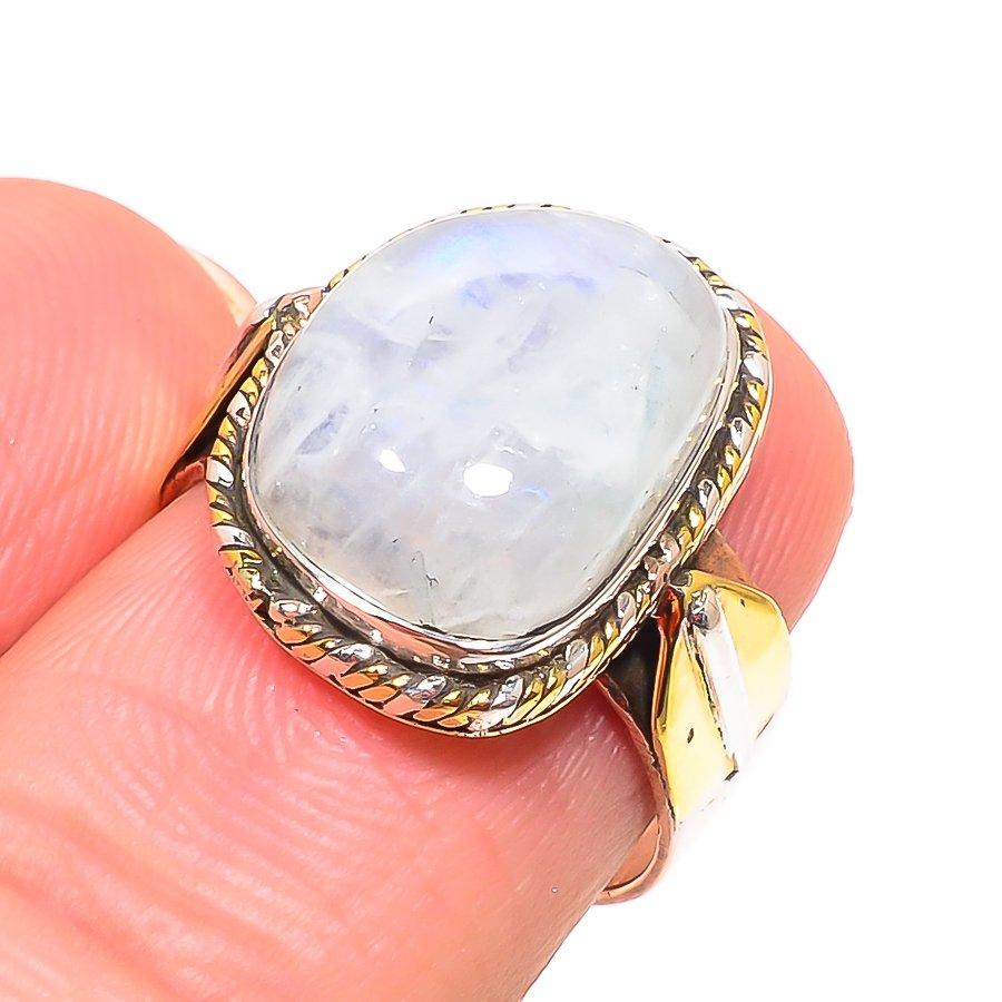 Natural Rainbow Moonstone Two Tone 925 Sterling Silver Jewelry Ring S.7.5 s8K46