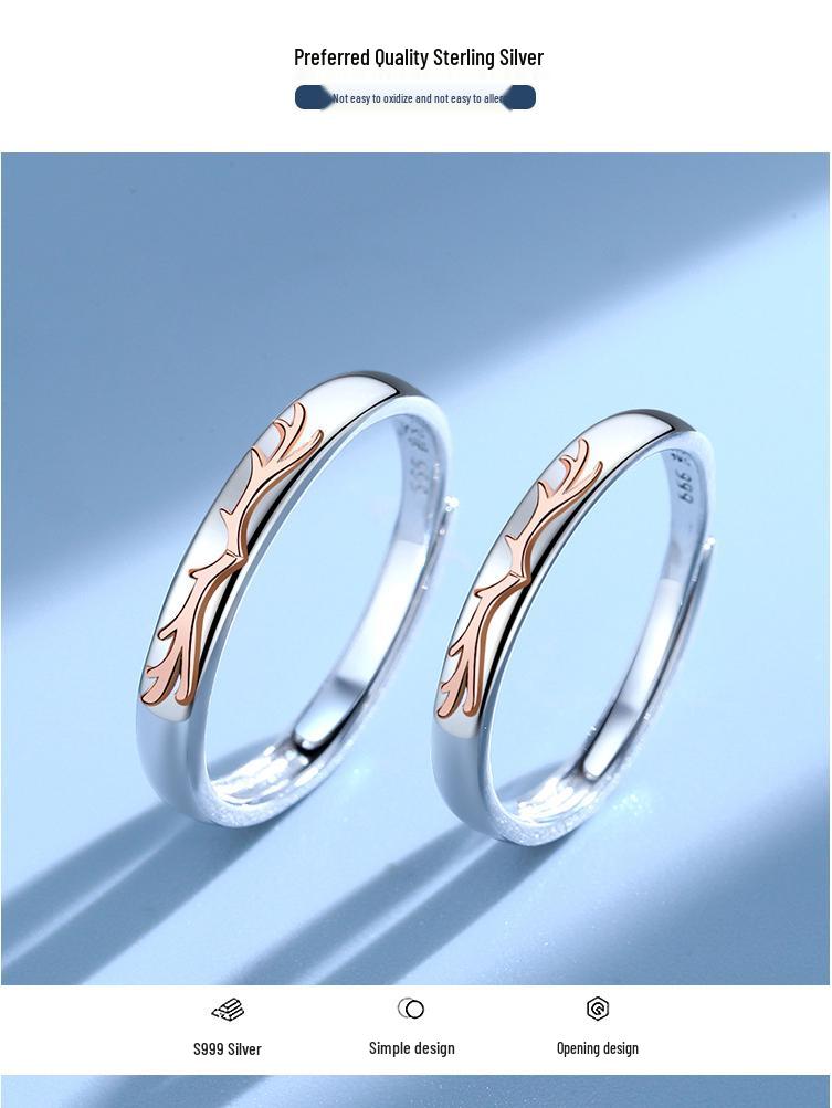 One Deer With You: 999 Pure Silver Adjustable Couple Rings for Men and Women - Unique Design Christmas Gift