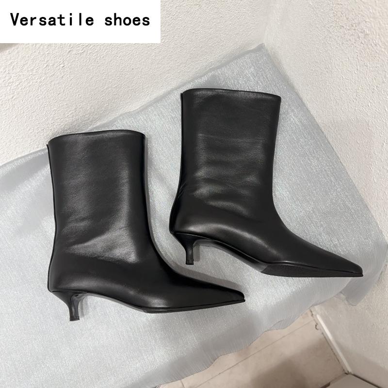 Versiune coreeană Cizme scurte pentru femei cu vârf ascuțit Pantofi de toamnă eleganti, cu toc mic, pantofi la mijlocul gambei