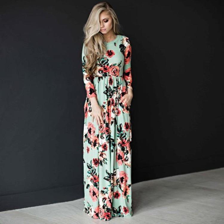 Kwiatowy Print Damska Letnia Sukienka Maxi Boho Plażowa Długa Sukienka Wieczorowa Tunika