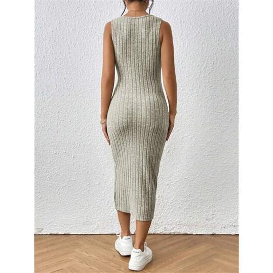 Women's Sleeveless Square Collar Suspender Furry Vertical Vest Dress Elegant Sexy Slit Legs Midi Dress