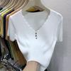 Ice Silk Short Sleeve T-shirt Women's 2025 New Summer Style Slim Short White V-neck Sweater Short-sleeved Top