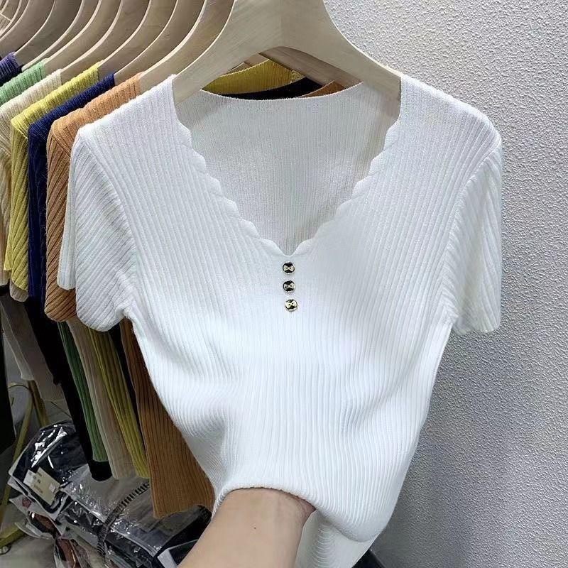 Ice Silk Short Sleeve T-shirt Women's 2025 New Summer Style Slim Short White V-neck Sweater Short-sleeved Top