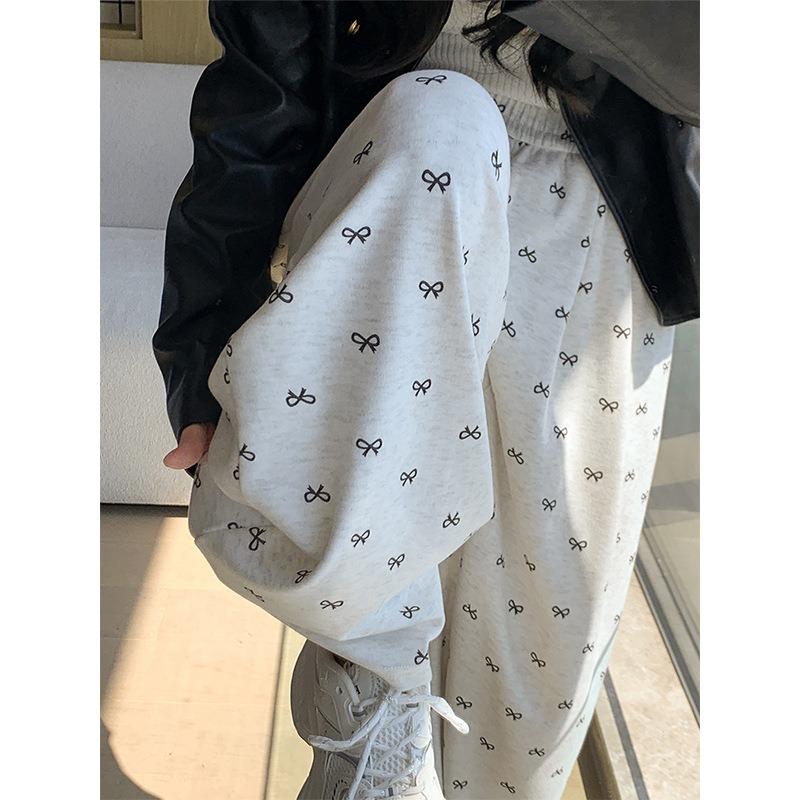 Grey Bow Sweatpants Women's Spring and Autumn New High-waisted Straight Lazy Wind Small Drape Wide-leg Pants