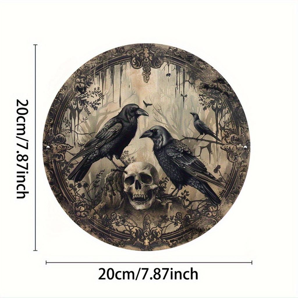 D Flat pc Gothic Raven  Skull Metal Wall Decor  cm Round Durable  Art with Intricate Black Crow Floral  Skull