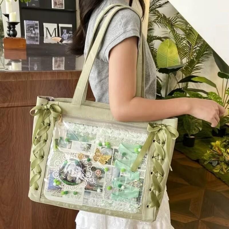 New Y2K Ribbon Bow Japanese Ita Shoulder Bag Cute Girl Transparent Pocket Large Capacity Crossbody Tote Bag DIY Display Handbags