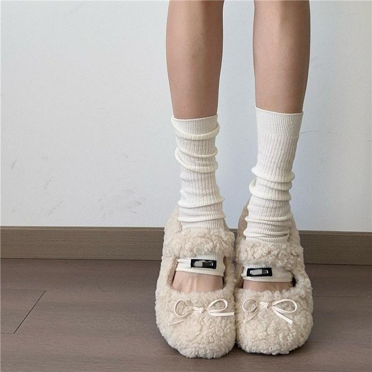 French velvet thick-soled Mary Jane fluffy shoes for winter wear with skirts, thickened thermal cotton shoes