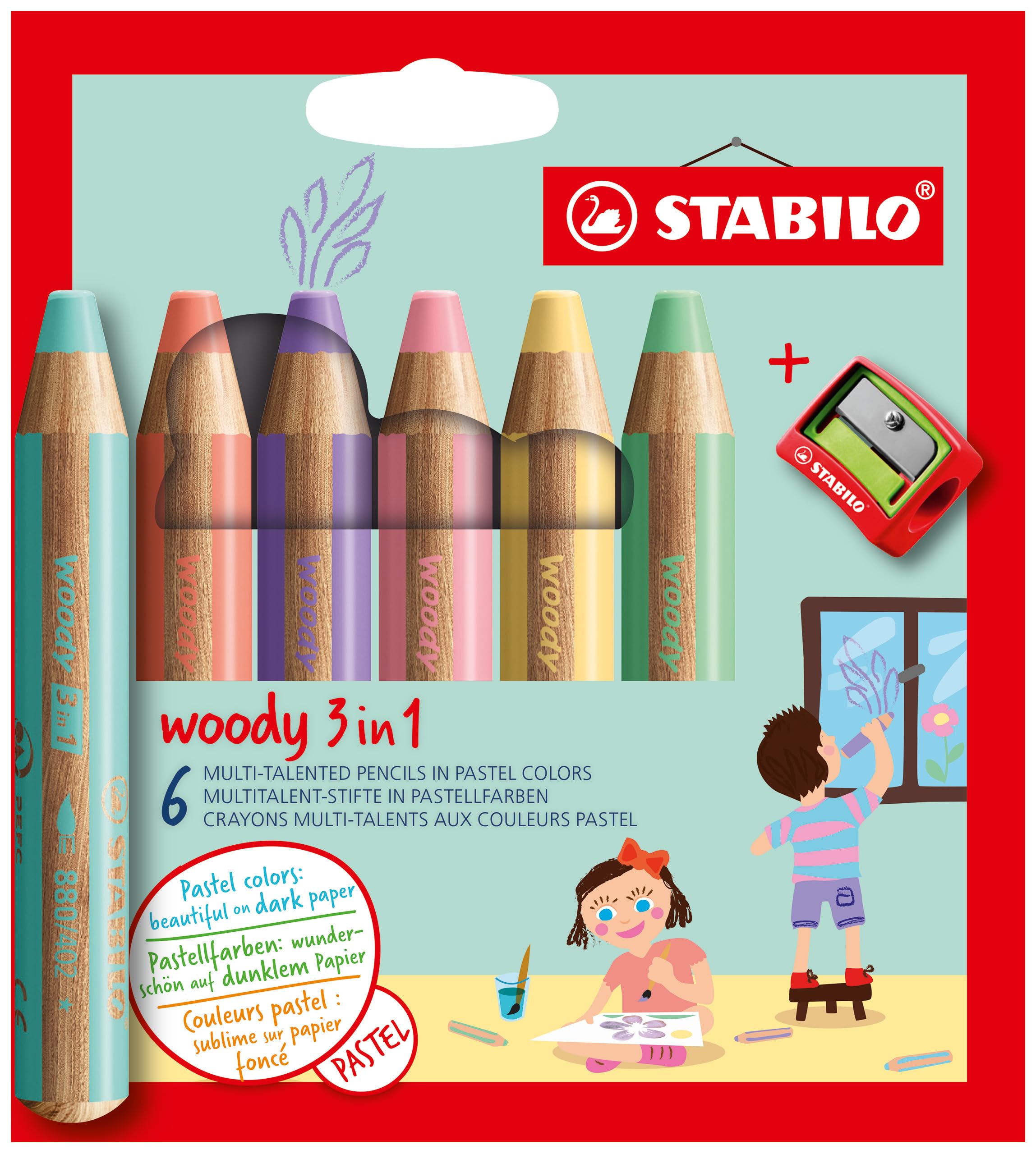 STABILO Woody Pastel Colored Set 3-in-1 Pencils, 6-Color (EO8806-3)