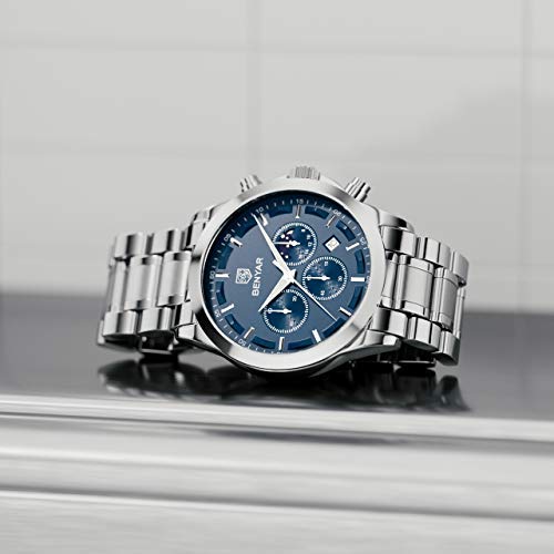 BENYAR Men's Business Formal Leather Band Chronograph Multi-Calendar Waterproof Scratch-Resistant Analog Watch Black