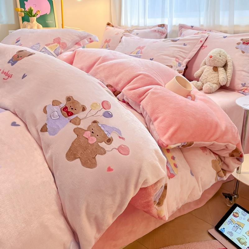 Thickened Milk Fleece Four-Piece Set, Coral Flannel Quilt Cover, Double-Sided Fleece Bed Sheet Quilt Cover, Bed Hat Three-Piece Set