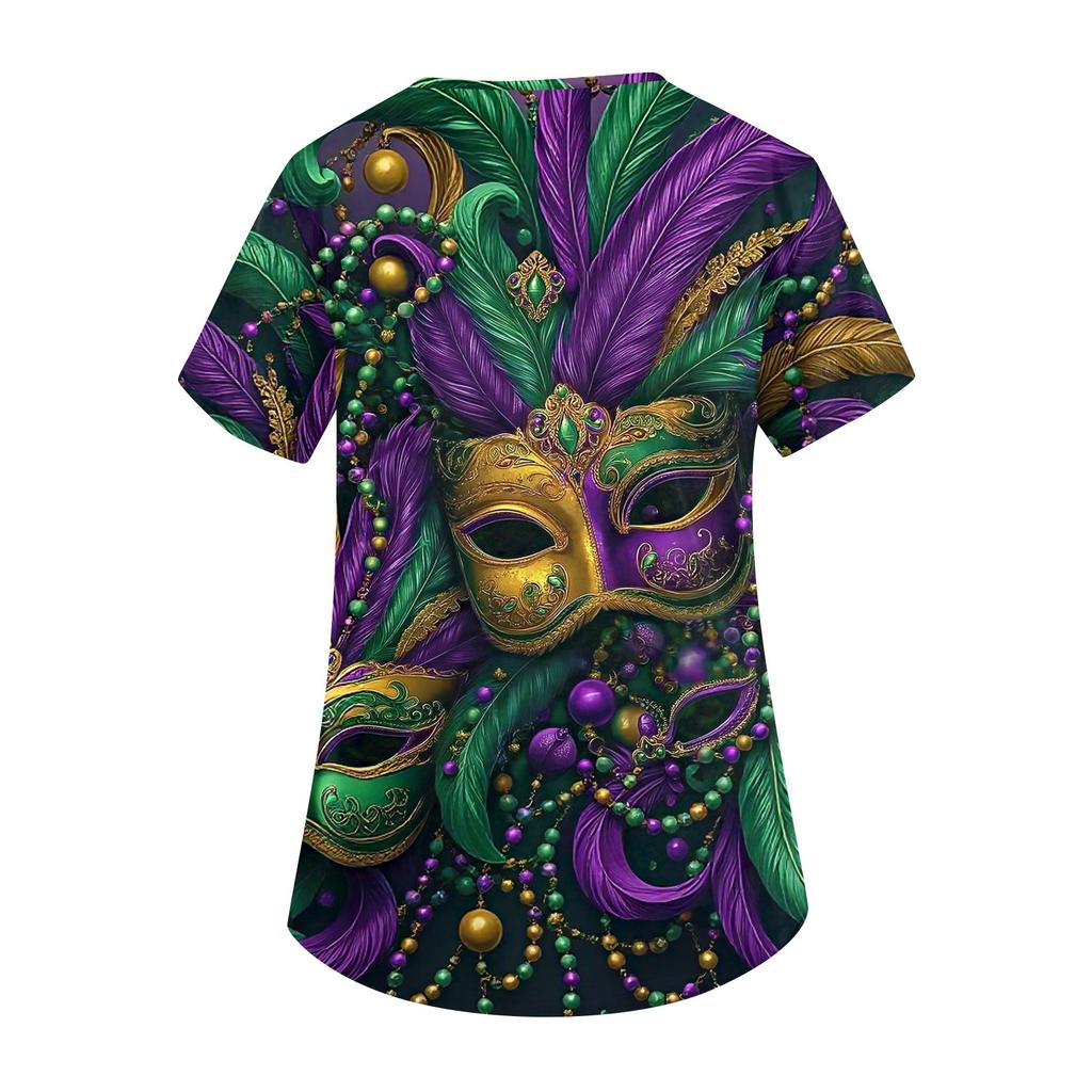 Modische Arbeitskleidung für Damen mit V-Ausschnitt, kurzen Ärmeln und bedruckten Taschen