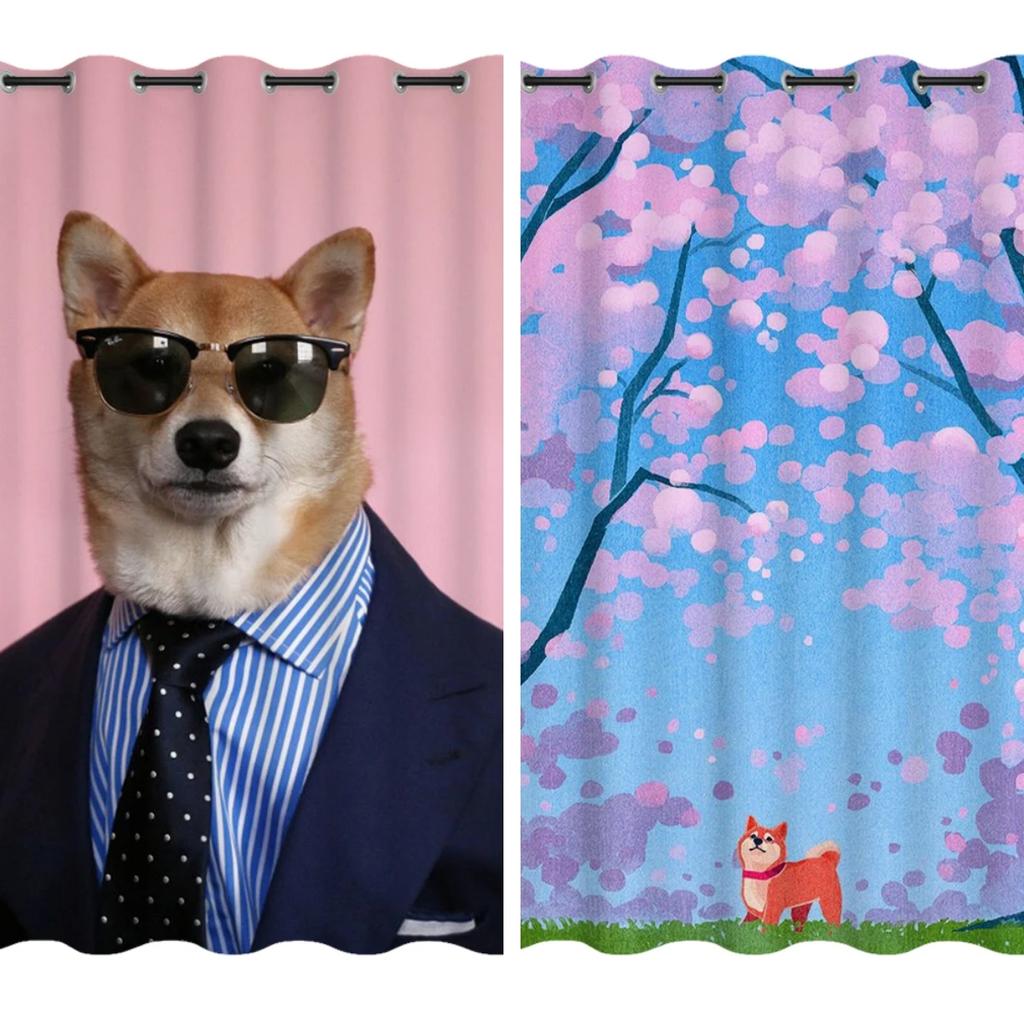 Cute Cartoon Shiba Inu Floor-to-ceiling Window Bay Window Curtains for Children's Bedroom Room High Blackout Curtain Punch Hook