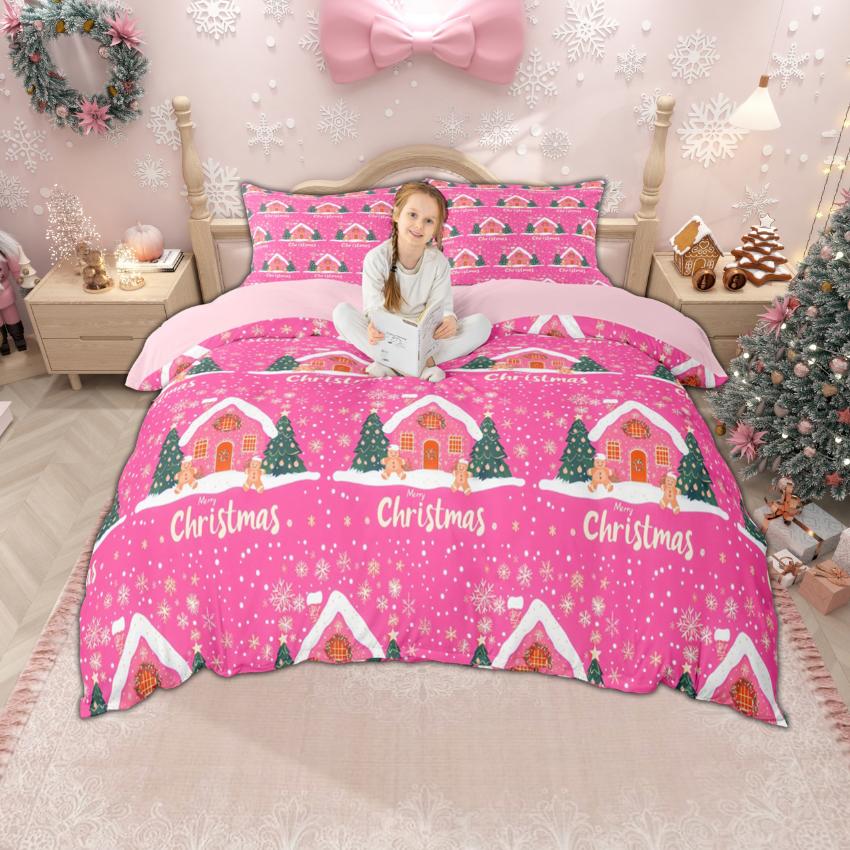 Homewish Cartoon Santa Claus Duvet Cover Set for Boys Girls, Christmas Tree Bedding Set, Snowflakes Snowman Bed Set