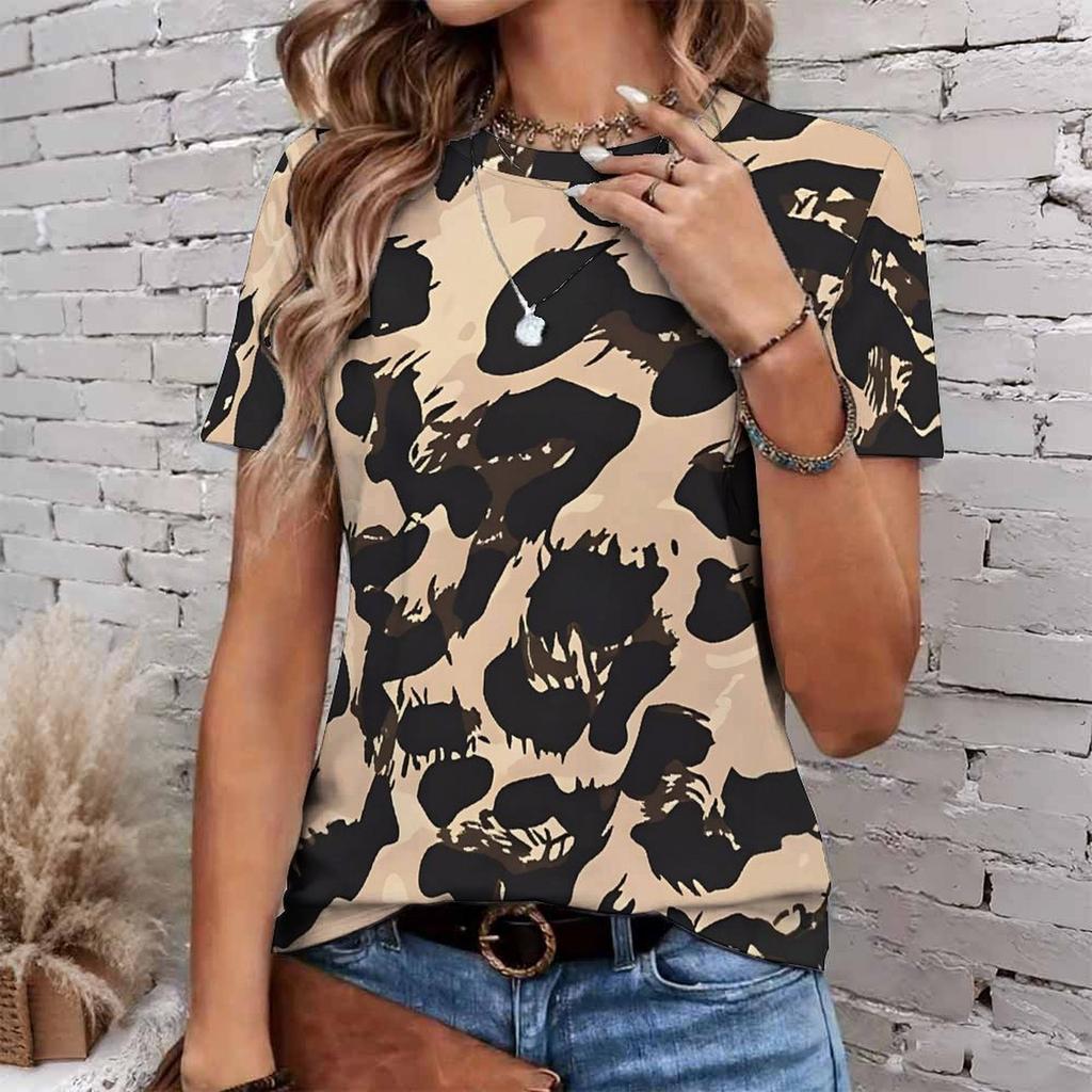 Fashion Women Retro Geometry and Leopard Pattern Patterns Print T Shirt Funny Casual O-neck Short Sleeves T-shirt Summer Female Tee Shirt