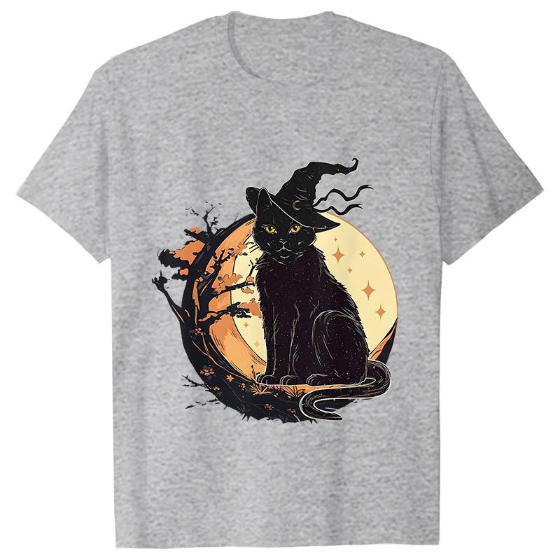Unisexs Spooky Cat Print Tee Shirts Casual Female Halloween Black Cat T Shirt New Fashion Design Streetwear Unisex Tshirt Top