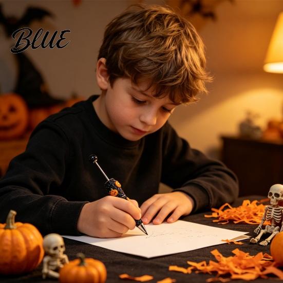 Rhinestone Writing Pen Beadable Pen Glitter Plastic Beaded Halloween Pumpkin Ghost Skull Smooth Gel Ink for DIY Craft Making School Office Supplies