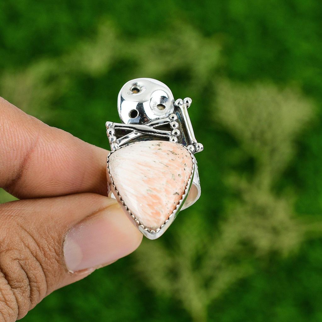 925 Silver Natural Scolecite Multi Stone Skull And Bone Adjustable Ring