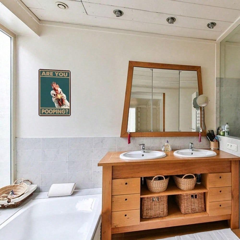 Lustiges Kackendes Huhn Metallschild Vintage Badezimmer Wanddeko Humorvoll Haus Bauernhaus
