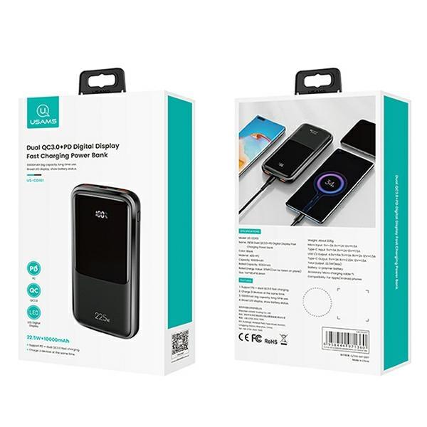 Usams Powerbank Pb58 10000Mah 22.5Wqc3.0+Pd Fast Charge Czarny/Black 10Kcd16101 (Us-Cd161)
