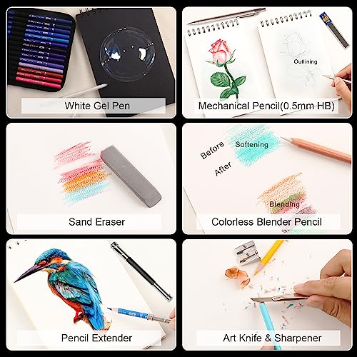 HIFORNY 130 Colored Pencil Set for Adult Coloring Books – 120 Colors with 3 Color Sketchbooks, 0.5mm Mechanical Pencils, and Colorless Blending
