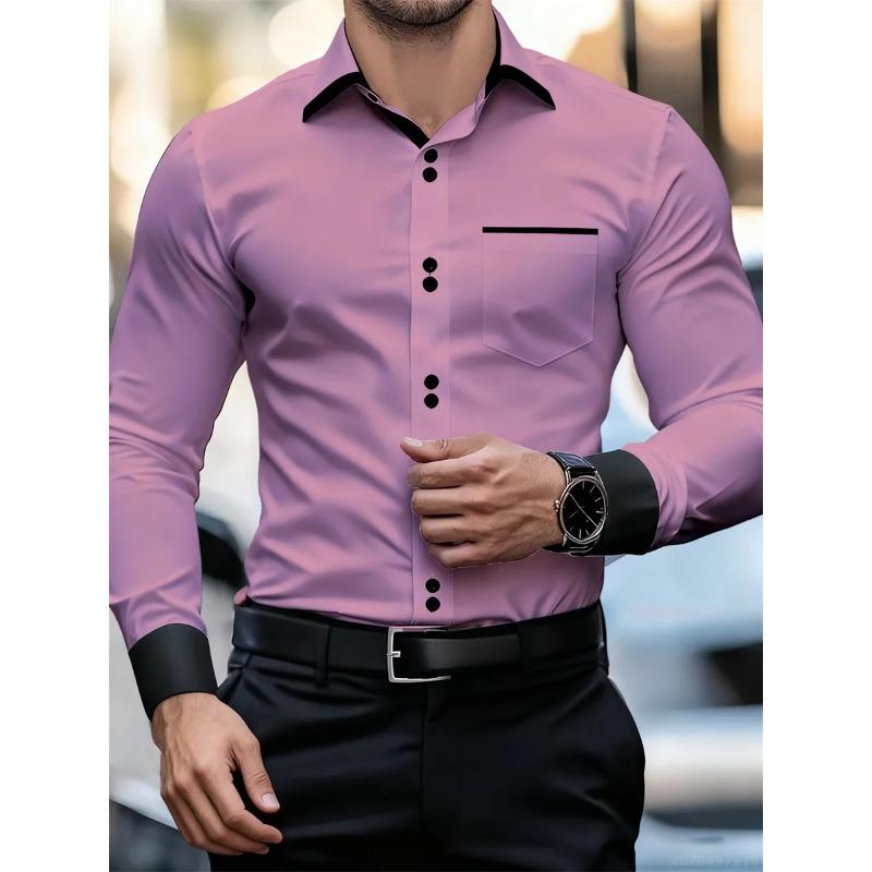 Men's Business Color Block Collar Long Sleeve Shirt, Slim Fit, Wrinkle-Free, Black and White Patchwork Shirt, Men's Fashion Top