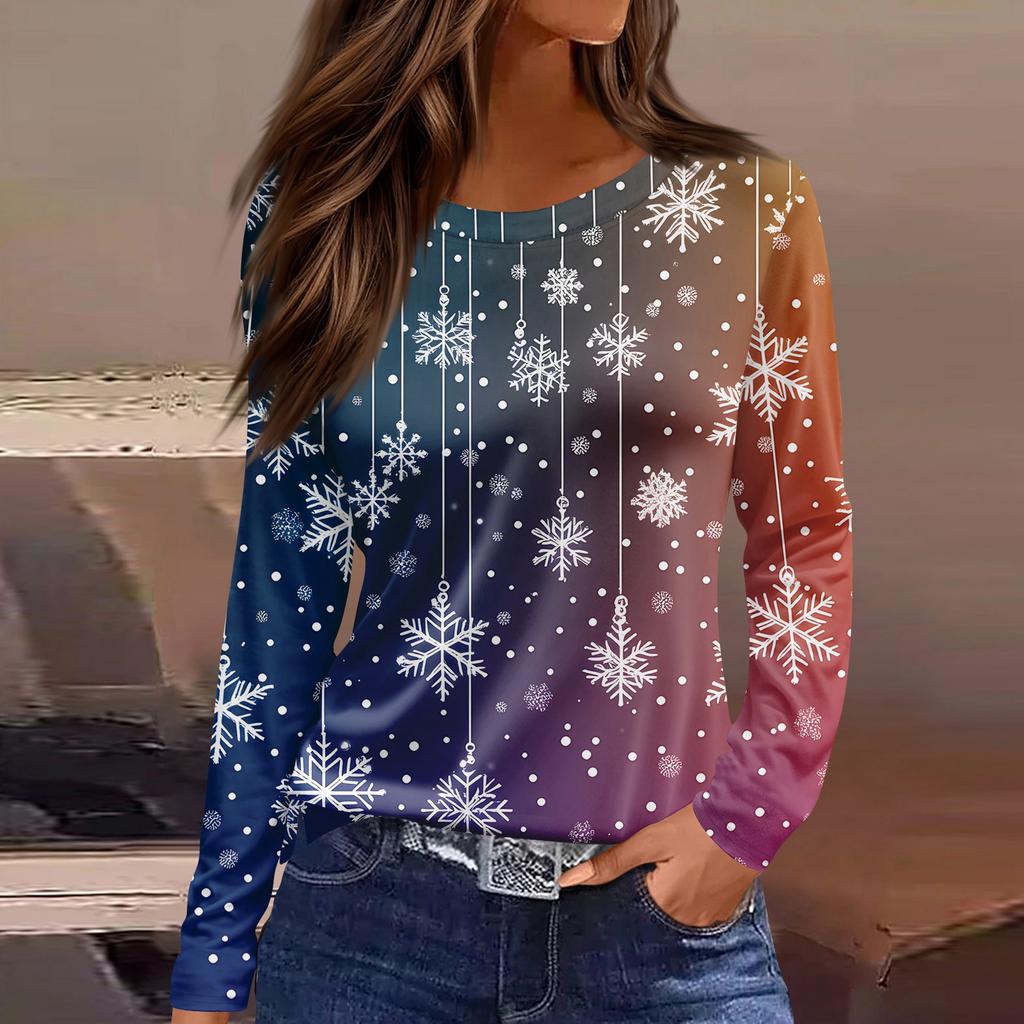 Women's Fashion Casual Slit Hem Round Neck Long Sleeve Loose Christmas Printed T-Shirt Ladies Top