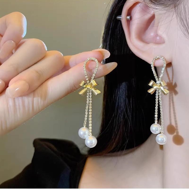 New temperament bow tassel pearl earrings feminine light luxury temperament long earrings earrings